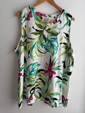 NWT Chico's Tropical Leaf Tank Tunic Green, Pink, Black & Aqua with Pockets XXL
